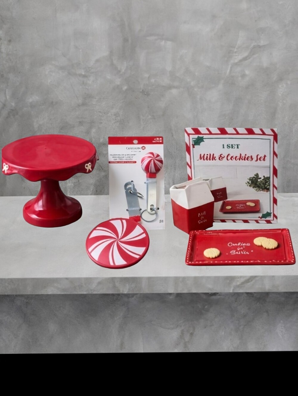 NEW Holiday Cake Stand, Cookies & Milk Serving Set, Measuring Cups & Spoons